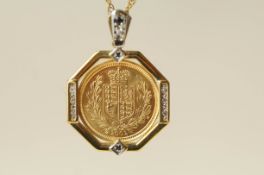 A 2002 half-Sovereign, in a 9 carat gold diamond and sapphire set pendant mount, on a chain, 8.