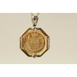 A 2002 half-Sovereign, in a 9 carat gold diamond and sapphire set pendant mount, on a chain, 8.