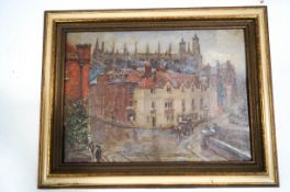 An oil on board Eton College from Barnes Pool Bridge paper label to verso,