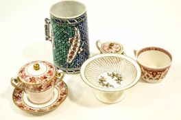 Various 19th century ceramics, including a lidded chocolate pot and saucer, a Minton cup,