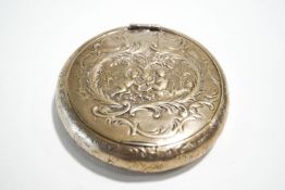A German box, circa 1900, stamped '800' and pseudo marks, of circular outline, with hinged cover,