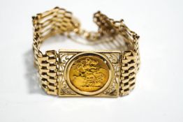 A 9 carat gold bracelet, seven bar links, inset with a 1978 full Sovereign, 24.