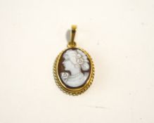 A shell cameo pendant, marked 750, 2.1 cm long excluding the bale, 1.