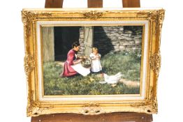 G. Williams (20th Century) Mother and Child Feeding the Chickens Oil on board 39.5cm x 29.