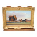 A pair of modern decorative paintings of horse and coach scenes, oil on board,