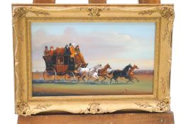 A pair of modern decorative paintings of horse and coach scenes, oil on board,