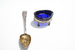 A Georgian silver boat shaped salt, with blue glass liner, hallmarks indistinct,