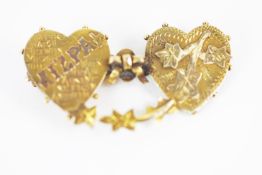 A 9 carat gold Mizpah brooch, designed as two hearts cojoined by a lovers knot,