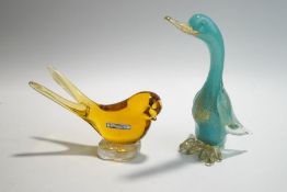 Two Murano coloured glass models of birds, an amber swallow, with paper label,
