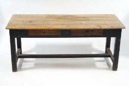 A country pine farmhouse table, with two drawers. 180cm long x 74cm x 75.