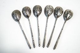 A set of three Russian niello tea spoons,