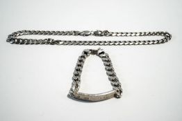 A silver necklace of filed curb links; and a similar identity bracelet; 121 g (3.