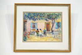 20th century French School seated figures outside a shuttered house Oil pastel 30 x 22.