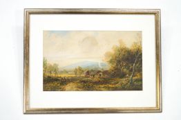 English School, 19th Century Landscape with sheep Watercolour signed A.J.Pollit, lower right 26.