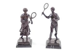 After E Loisauy A pair of bronze tennis players, mounted on marble bases Signature,