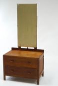 A Heals 1930's oak dressing table, the raised mirror above two drawers, with ivorine label,