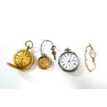 A ladies gold fob watch, stamped 18ct, with a gilt metal cuvette; an open faced pocket watch,