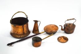 Assorted copper wares, including an Arts and Crafts coal bin with hammered appearance, kettle,