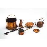 Assorted copper wares, including an Arts and Crafts coal bin with hammered appearance, kettle,