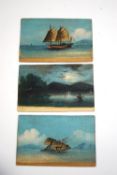 Three small early 20th Century Chinese watercolours on card, of Junks and a moonlit waterscape,