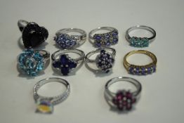 A collection of ten modern silver and stone set rings, stamped 925,