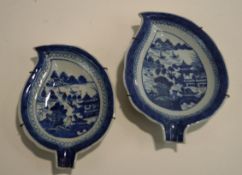A pair of Chinese blue and white leaf dishes,