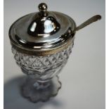 A George III cut glass mustard pot with silver rim and pull off cover, by Richard Cook, London 1802,