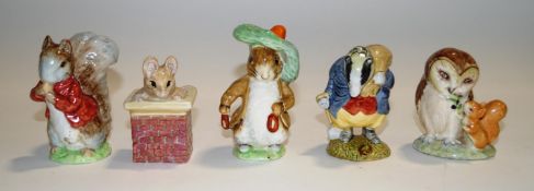 Five Beswick Beatrix Potter figures ; Timmy Tiptoes (gold back stamp), Tommy Brock, Tom Thumb,