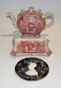 A Victorian Aesthetic movement teapot and stand, transfer printed with scenes of a Japanese maiden,