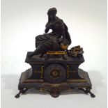 A late 19th Century bronze and black slate mantel clock, surmounted by a Greek goddess,