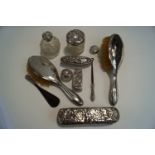 A quantity of Victorian and later silver topped dressing table jars, brushes, shoe horn,