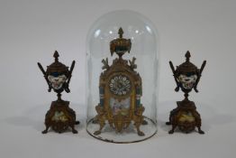 A 19th Century gilt metal and porcelain mantel clock garniture,