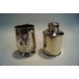 A silver tea caddy, Chester 1907, of plain cylindrical form with a pull off cover, 9.