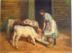 George Smith RSA 1870-1934 Feeding the Calves Oil on panel,