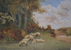 Ottermole Cathreu Sheep in a landscape watercolour and body colour signed lower left 49cm x 70cm