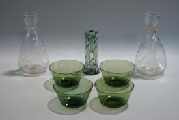 A collection of Whitefriars Powell & Stuart glass, comprising a pair of pinched form carafes,