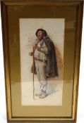 A 19th Century Watercolour Portrait of a Continental man with staff Signed Kate Brearey 30cm x 66cm