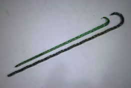 A Bristol glass walking cane and a Nailsea glass cane