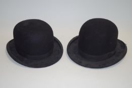 Two gentlemans' bowler hats, one by Moores, retailed by Bert Bryant,