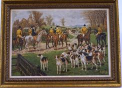 A set of four 19th Century fox hunting prints, framed as one, and a pair of horse and hound prints,