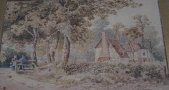 English School, 19th century Cottage with Figures Watercolour Signed F... Bowers 31.5cm x 21.