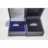 A 9 carat gold amethyst dress ring, finger size N; and another similar dress ring, finger size N; 6.