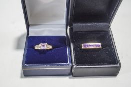 A 9 carat gold amethyst dress ring, finger size N; and another similar dress ring, finger size N; 6.