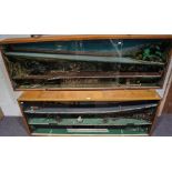 A pair of glazed display cases for model cars, and metal stand,