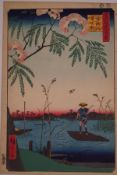 Eight early 20th Century Japanese woodblock prints of figures within river and landscapes,