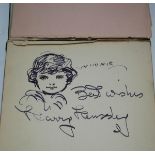 An Autograph Album 1930's - 1950's, cricket drawings, some on postcards, Joe Beckett Boxer,