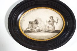 An early 19th Century stipple engraving 'Fire' depicting putti and a dog around burning logs,