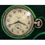 An Art Deco period Tavannes pocket watch in a tooled leather case