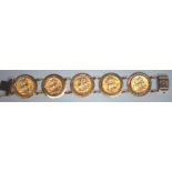 A five gold Sovereign 9 carat gold bracelet, composed of the following years, 1911, 1893, 1964,