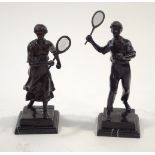 After E Loisauy A pair of bronze tennis players, mounted on marble bases Signed,